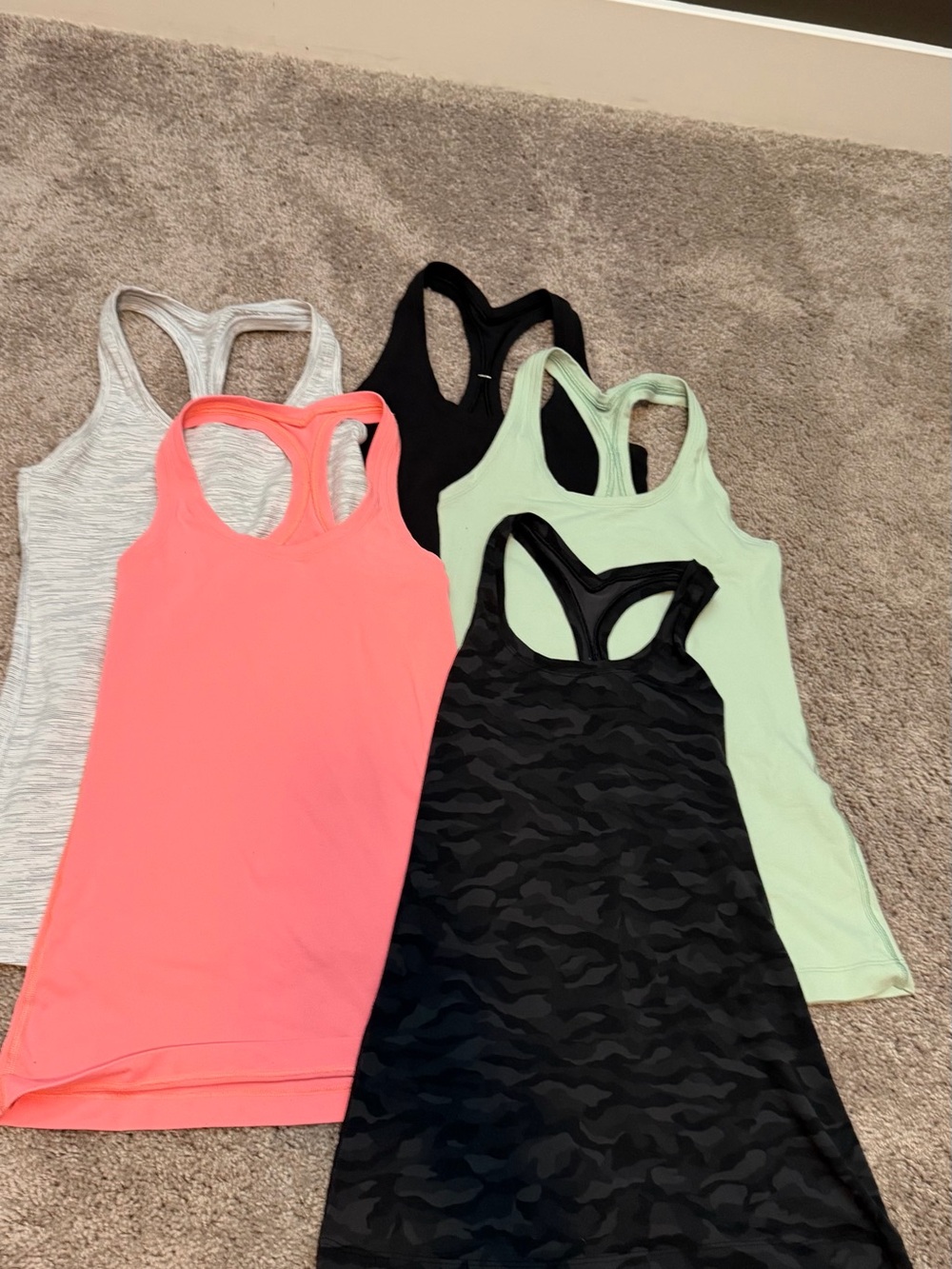 6 Women Lululemon Racerback Tank Top Pack:Coral, Mint, Black, Gray, camo, blue